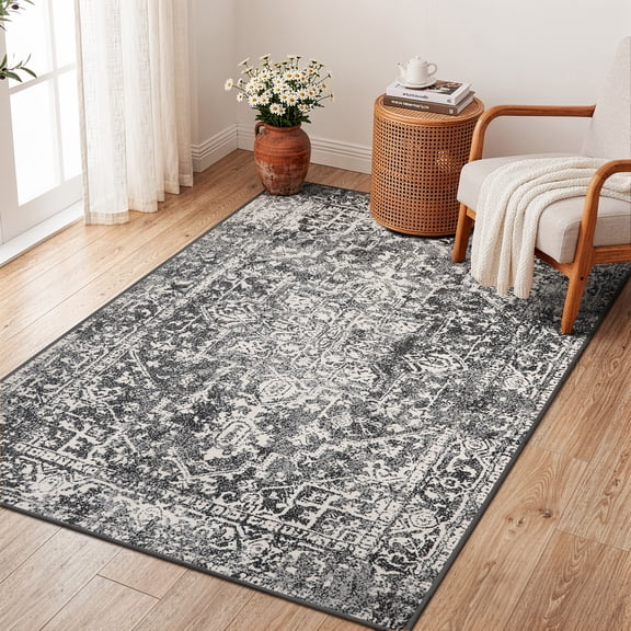 Wonnitar 4'x6' Area Rug for Living Room, Black Vintage Washable Rug for Bedroom Oriental Medallion Accent Rug for Dinning Room Office Non Ship Low Pile Stain Resistant