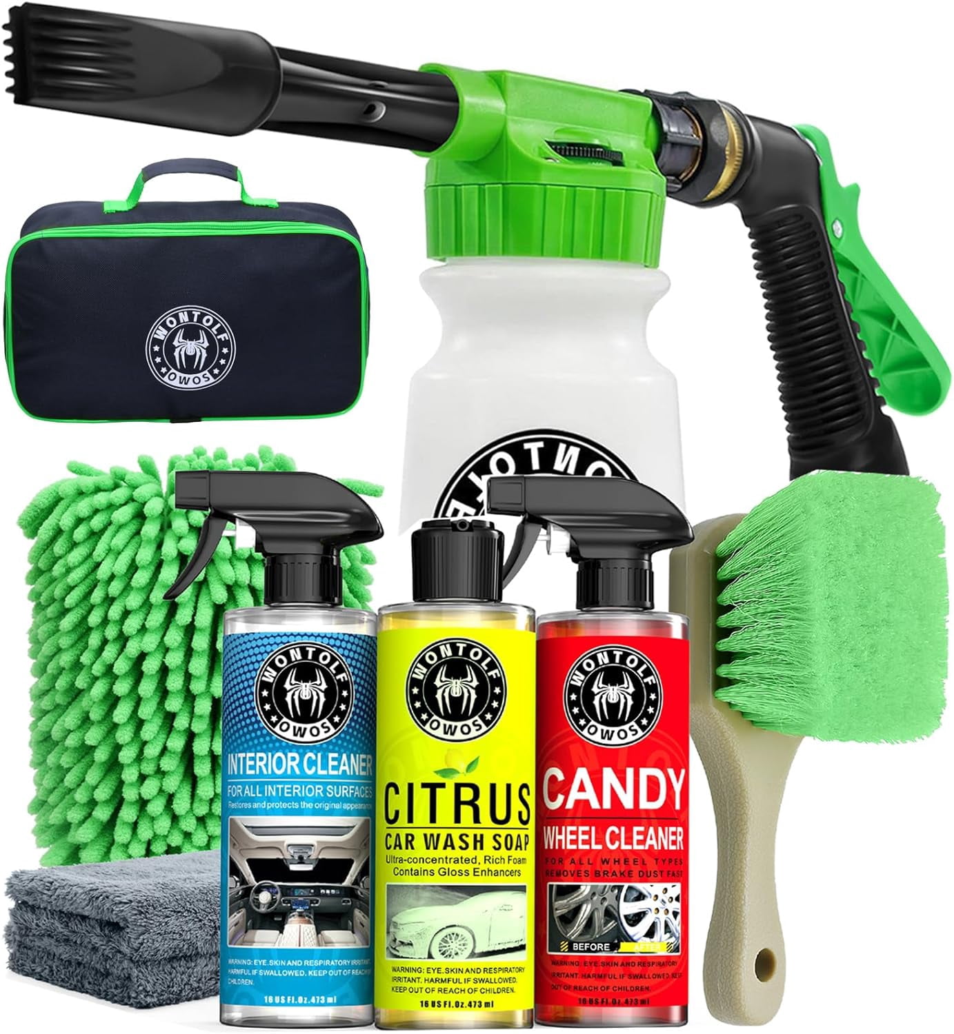 Wontolf CWK188 Car Wash Kit with Foam Gun, Car Wash Soap, Interior Detailer Cleaner, Wheel Cleaner, Car Care Cleaning Detailing Kit for Cars Trucks