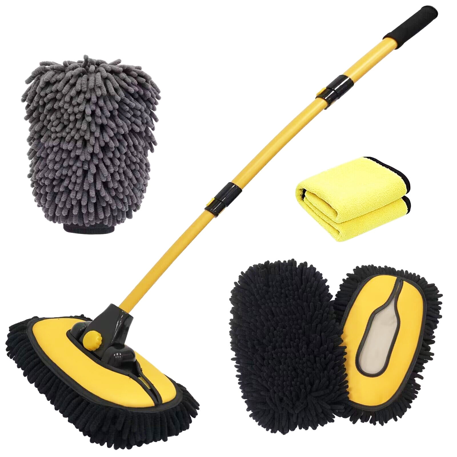 Wontolf Car Wash Brush with Long Handle Chenille Microfiber Car Wash Mop Mitt 15-Degree Curved Car Wash Kit Cleaning Supplies Microfiber Towels for Cars RV Truck Boat