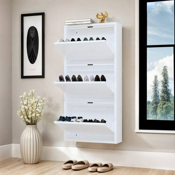 ModFusion Metal Shoe Cabinet with 3 Flip Drawers, Wall Mounted & No Assembly Sneaker Storage, White