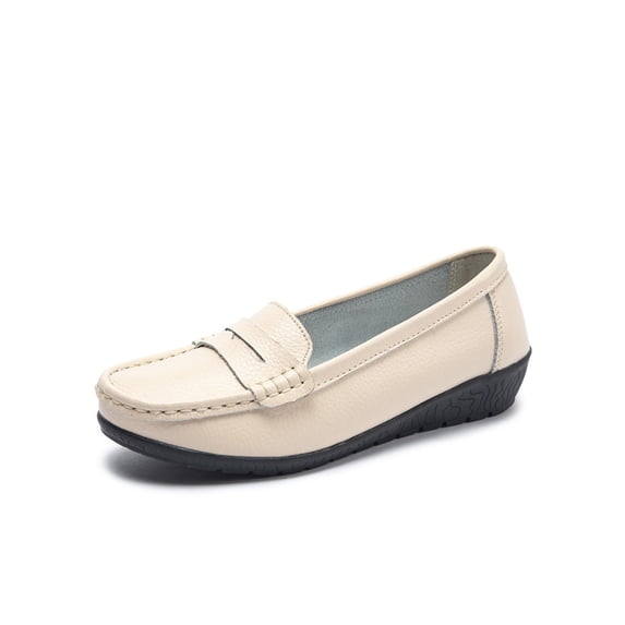 Woobling Casual Loafer Shoes for Womens Fashion Slip On Leather Flats Shoes Soft Driving Round Toe Moccasins Beige 9