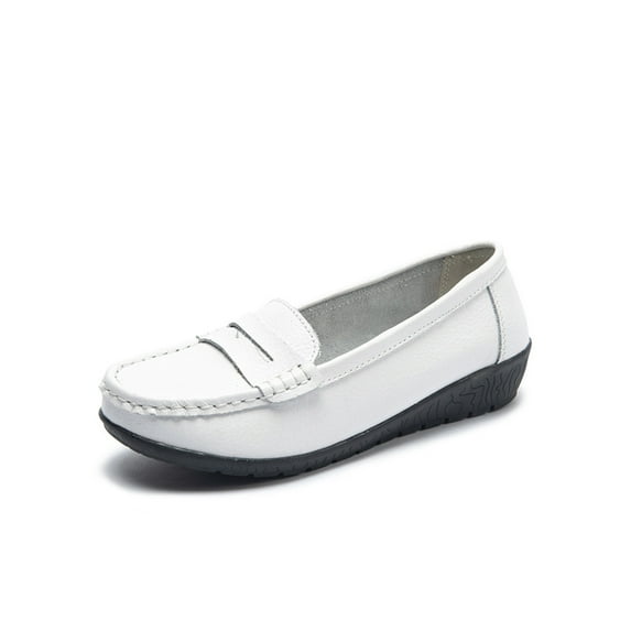Woobling Casual Loafer Shoes for Womens Fashion Slip On Leather Flats Shoes Soft Driving Round Toe Moccasins White 5.5