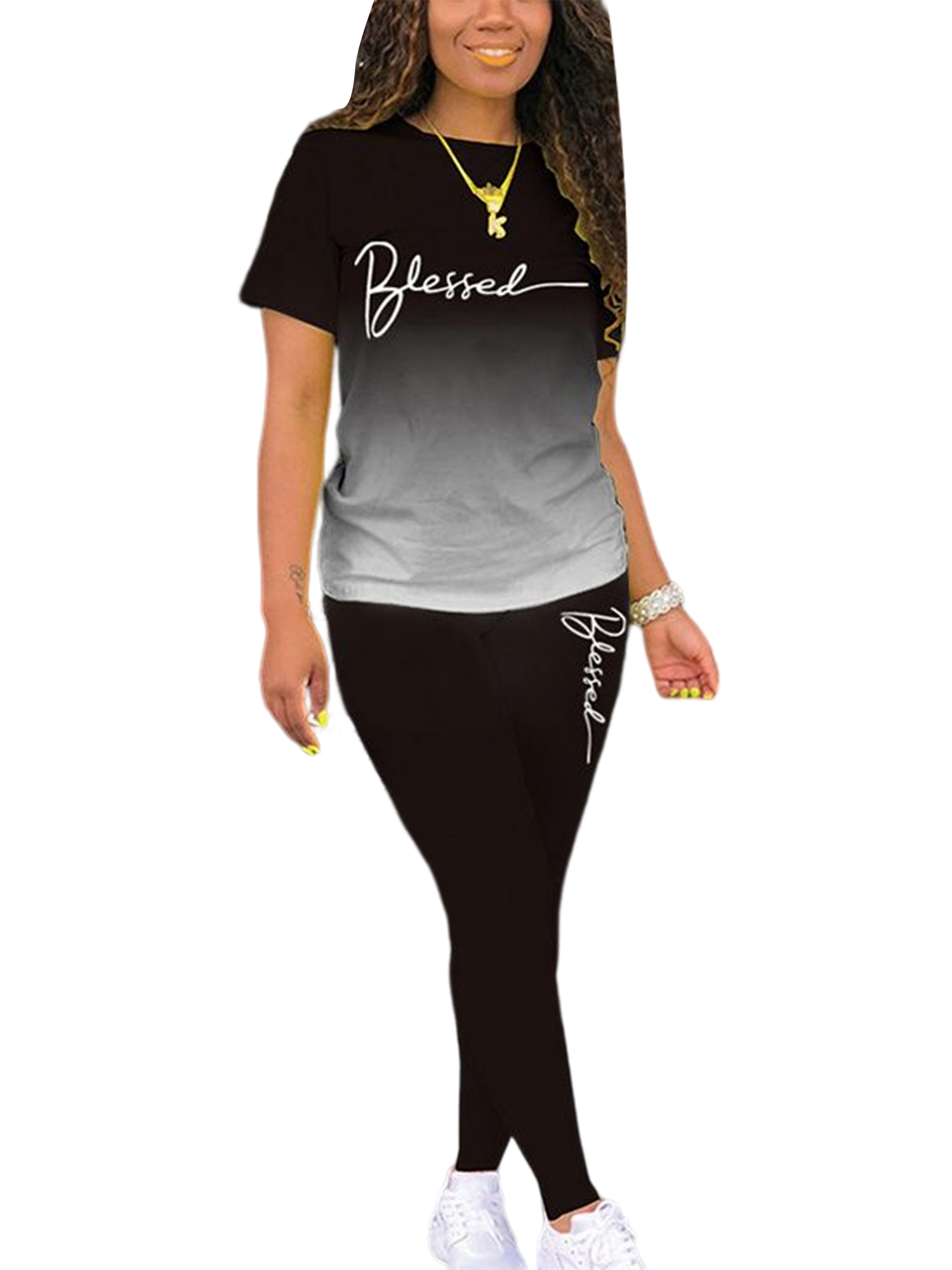 Woobling Ladies Jogger Set Short Sleeve Two Piece Outfit Baggy