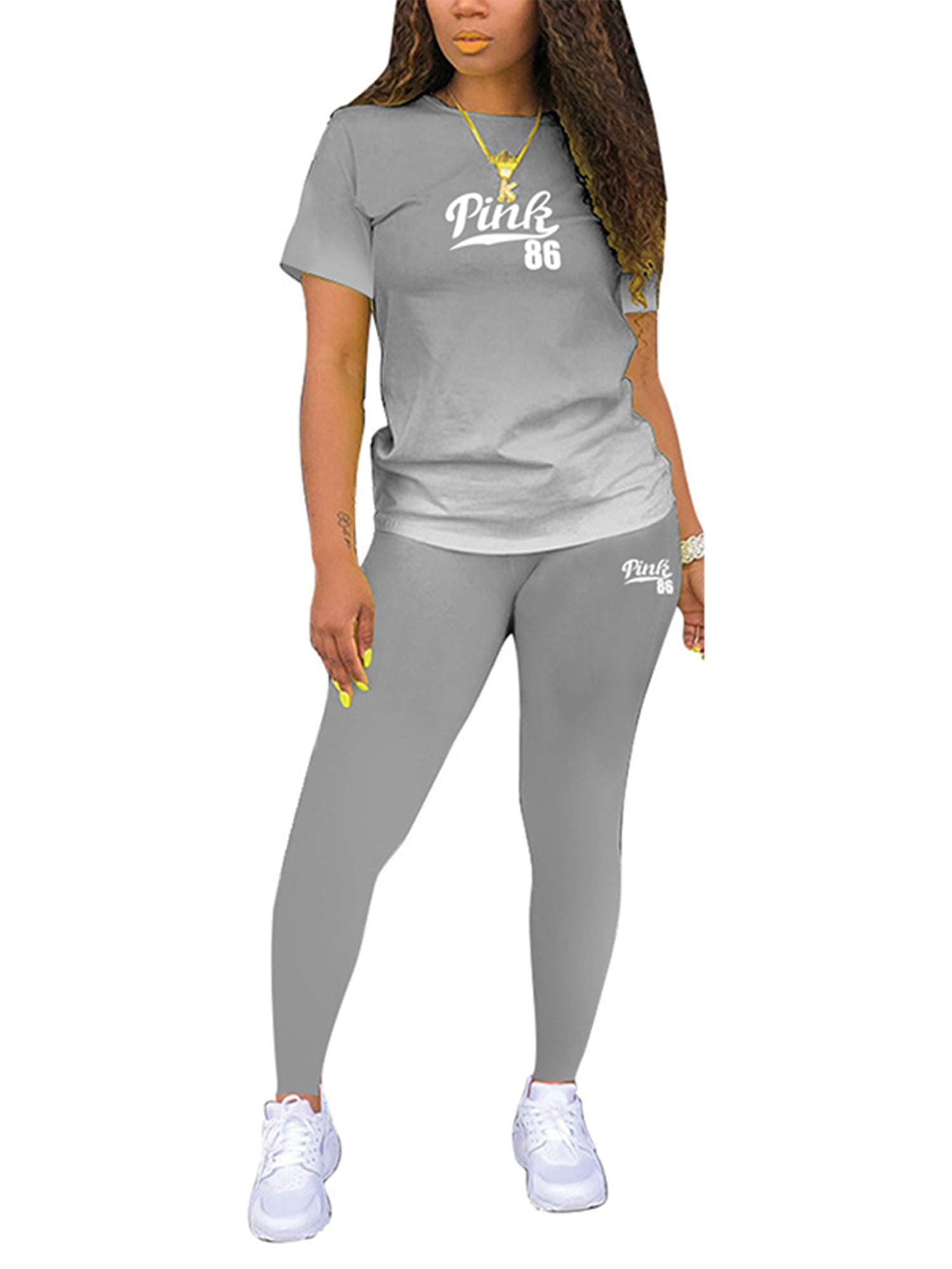 Woobling Ladies Jogger Set Short Sleeve Two Piece Outfit Loose Fit