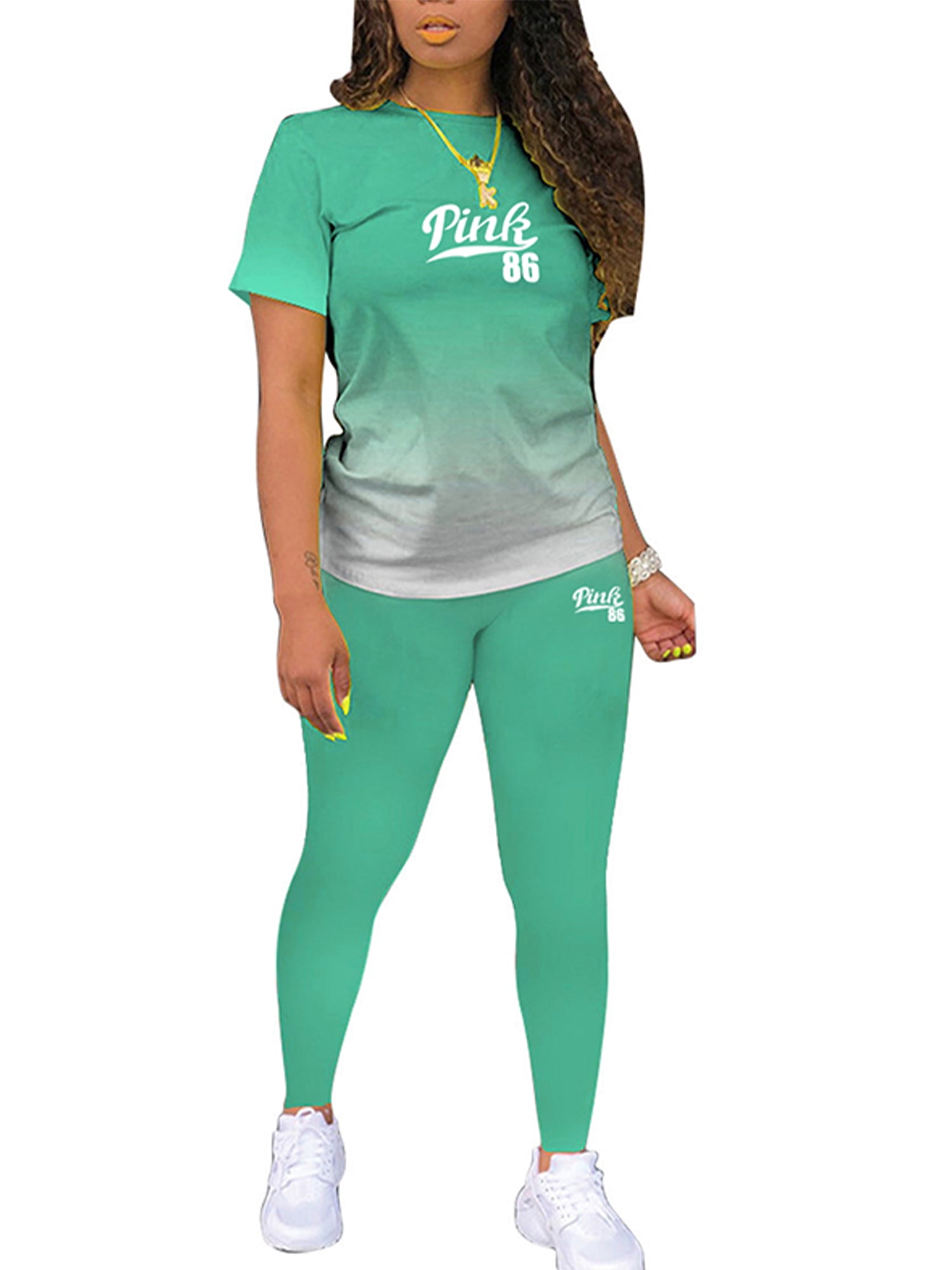 Woobling Ladies Jogger Set Short Sleeve Two Piece Outfit Loose Fit