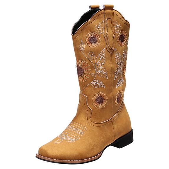 Woobling Ladies Sunflower Print Mid Calf Boots Slip On Daily Wear Chunky Heel Tall Boot