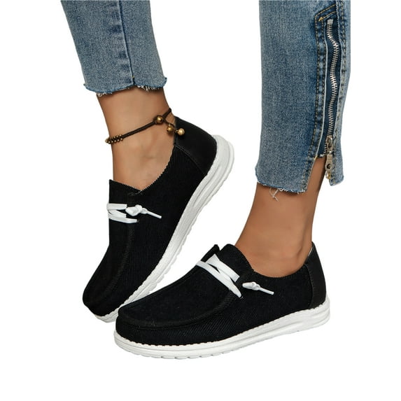 Woobling Shoes for Women Extra Wide Width Comfort Canvas Sneakers Walking Driving Non Slip On Boat Loafers Size 9 Black 5.5