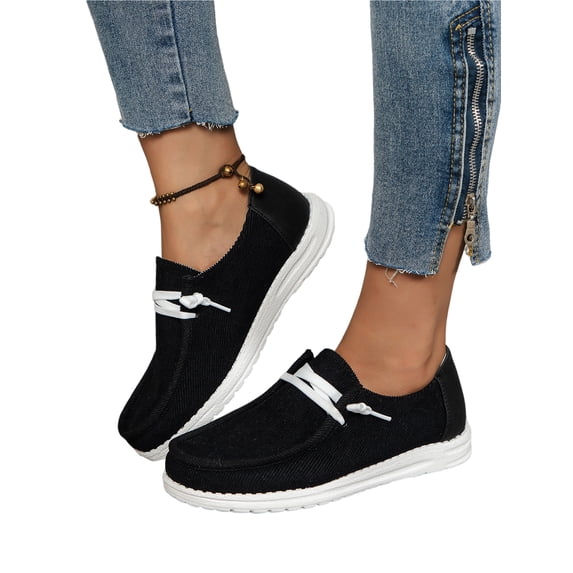 Woobling Shoes for Women Extra Wide Width Comfort Canvas Sneakers Walking Driving Non Slip On Boat Loafers Size 9 Black 7.5