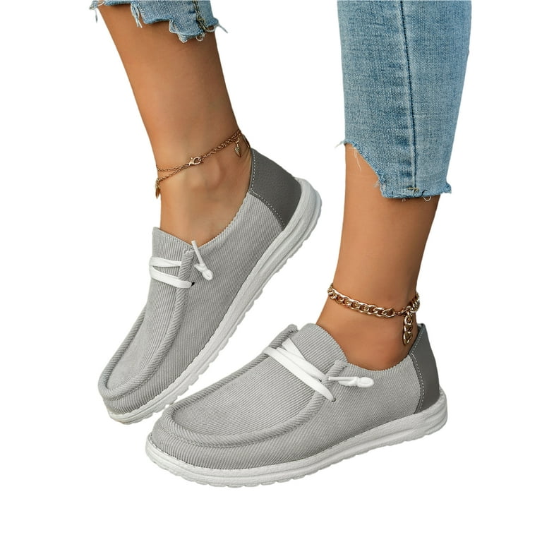 Woobling Shoes for Women Extra Wide Width Comfort Canvas Sneakers Walking Driving Non Slip On Boat Loafers Size 9 Grey 9.5