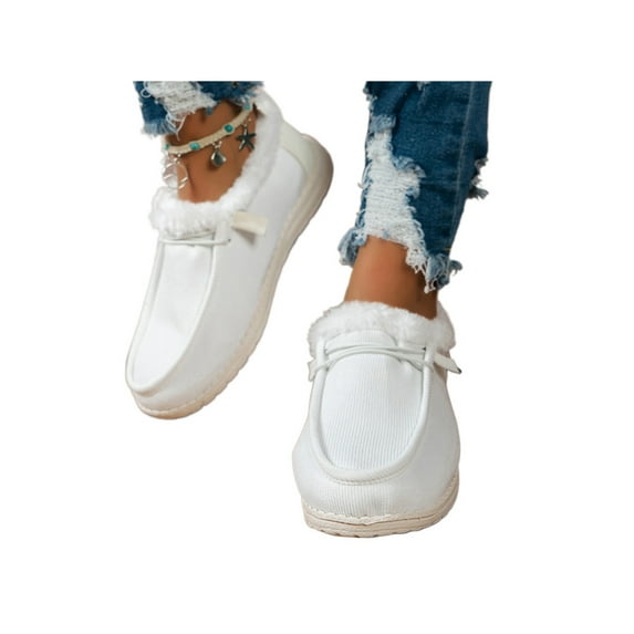 Woobling Shoes for Women Extra Wide Width Comfort Canvas Sneakers Walking Driving Non Slip On Boat Loafers Size 9 White (plush lined) 9.5