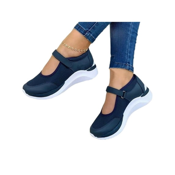 Woobling Women Fashion Platform Flats Nursing Round Toe Work Breathable Ankle Strap Wedge Shoe Dark Blue 5