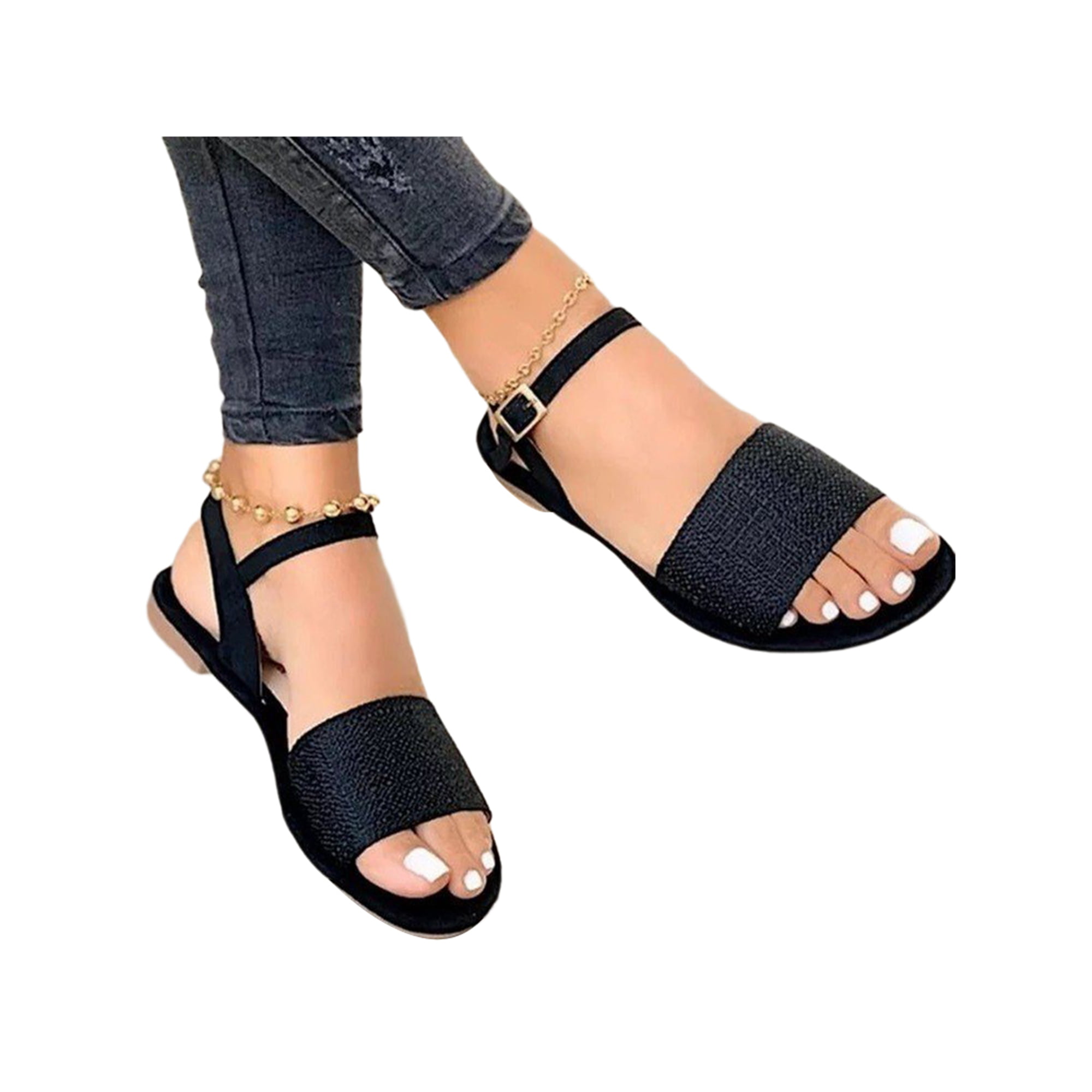 Medarbejder jeans køber Woobling Women Flat Sandal Comfort Dress Sandals Ankle Strap Summer Flats  Lightweight Shoe Daily Wedding Casual Shoes Black 5.5 - Walmart.com