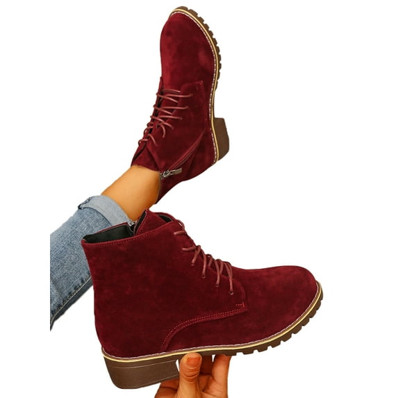 Woobling Women’s Combat Boots PU Leather Black Ankle Booties Mid Calf Low Heel Lace up Comfortable Fashion Boots Wine Red US 9