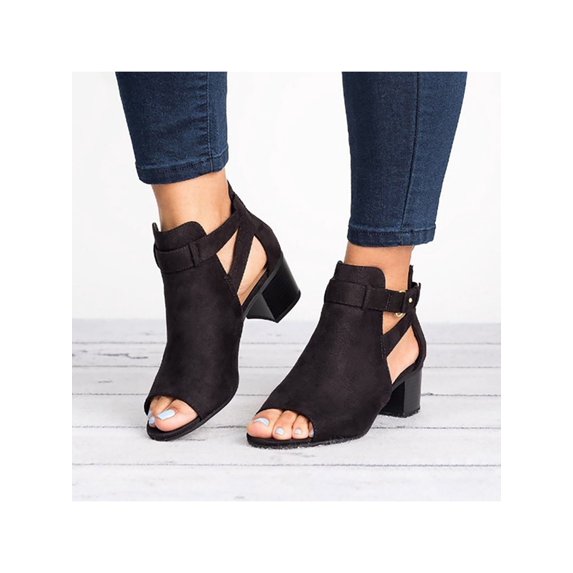 Woobling Women's Open Toe Ankle Strap Chunky Block Mid Heel Dress Party Pump Sandals Black Size 5