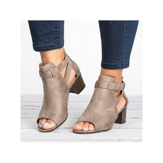 Woobling Women's Open Toe Ankle Strap Chunky Block Mid Heel Dress Party Pump Sandals Gray Size 7