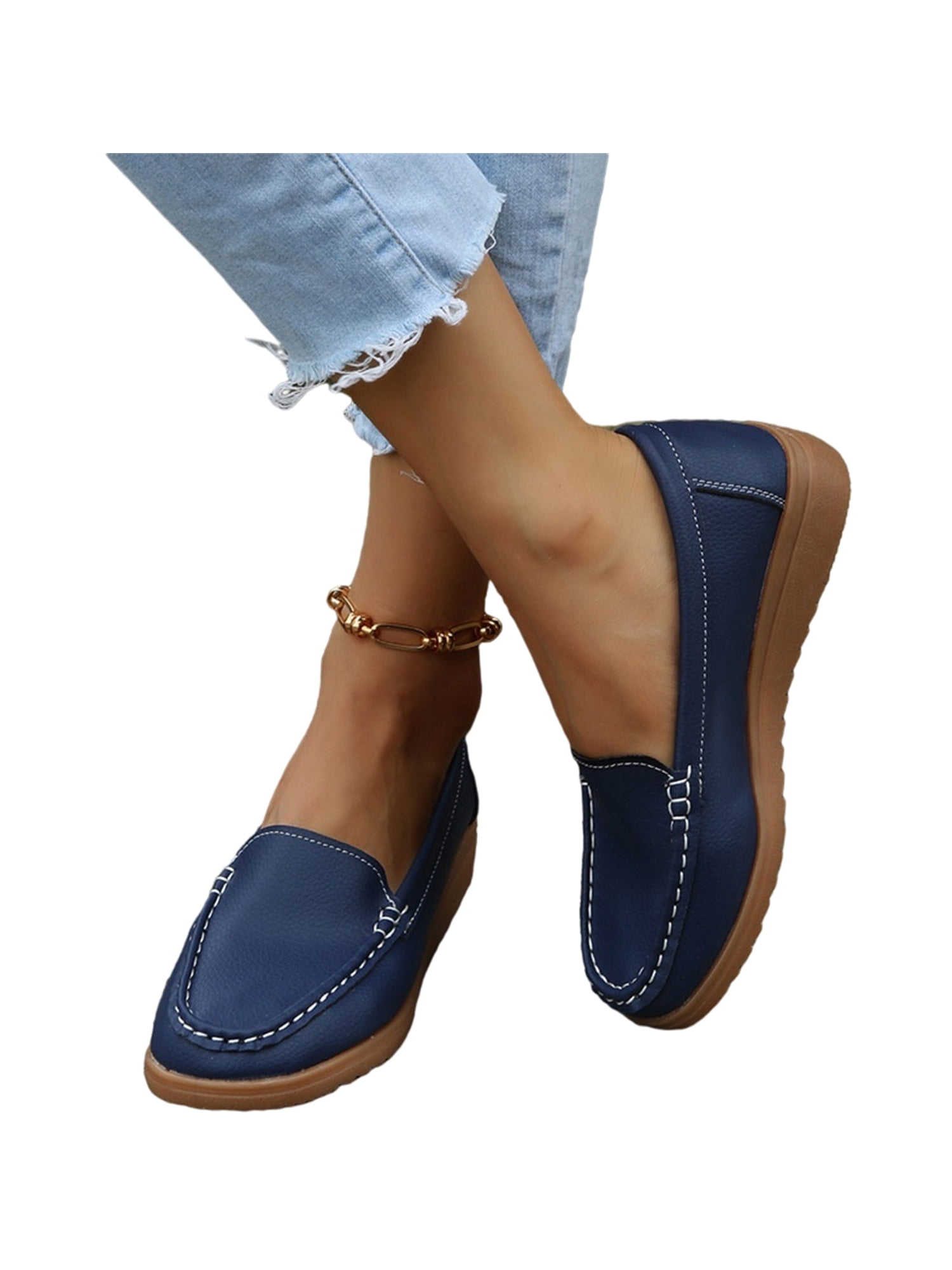 Woobling Women's Penny Loafers Comfy Slip Boat Shoe Casual Walking Work Shoes Size 4.5-8.5 Blue 5.5 - Walmart.com