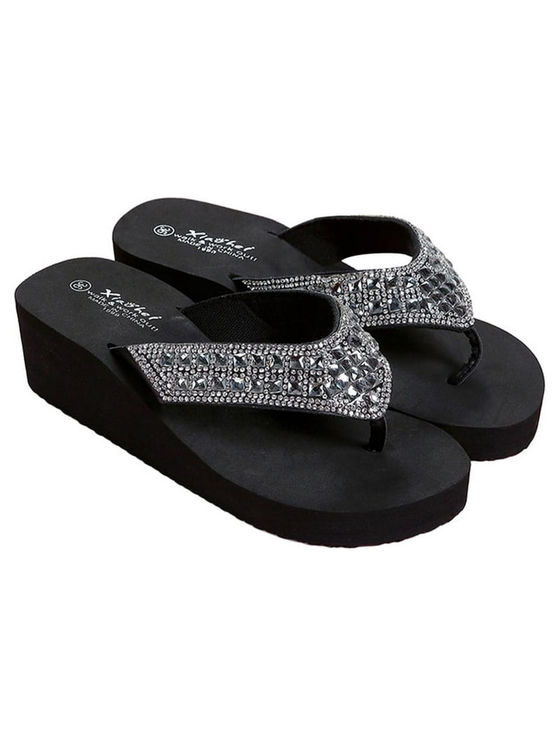 Woobling Women's Rhinestone Thongs Flip Flops Platform Sandals