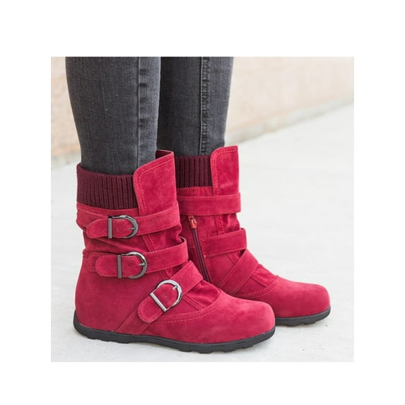 Woobling Women's Winter Warm Buckle Zipper Boots, Durable Outdoor Thermal Winter Warm Classic Retro Mid Calf Boot