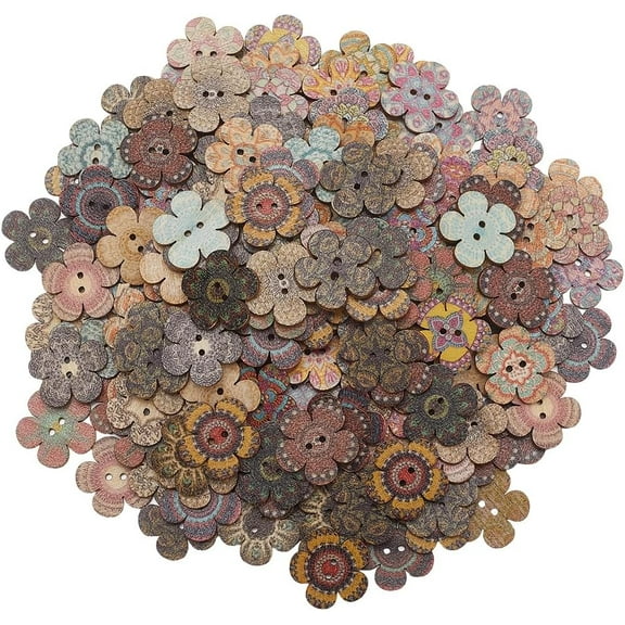 Wood 1 Box 200pcs Large Wood Flower Buttons Flower Shaped Buttons Bulk Wooden Multicolor 2 Hole 20MM Spring Retro Printed Floral Button for Crafting Sewing Clothes DIY Project Making Decorations Wood