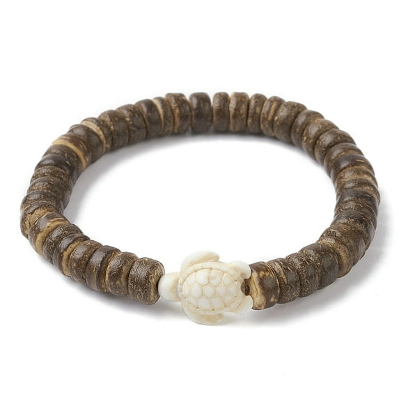 Wood 10 pc Natural Coconut Disc & Turquoise Turtle Beaded Stretch Bracelet for Women Inner Diameter: 2-1/8 inch(5.5cm)