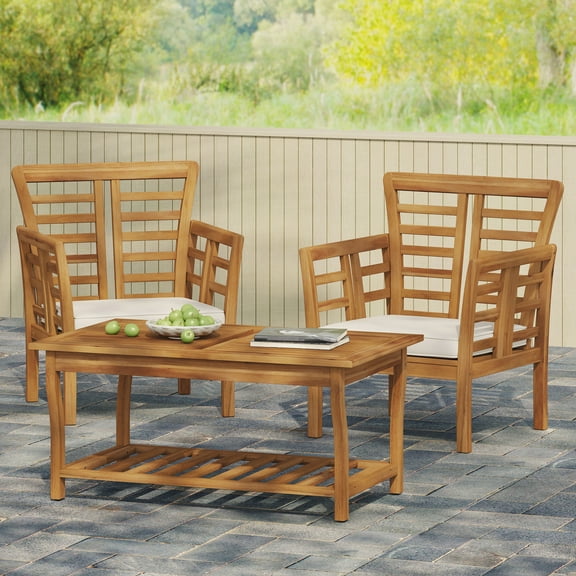 Wood 2 Club Chairs And Table , Modern Style, Slat Panel, Weather , Assembly Included, Brown, 27.04 In.depth, 23.88 In.width, 33.75 In.height + Made Of Wood, Look, Panels, Required, In.d, In.w, In.h