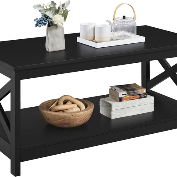 Wood 2-Tier Black Coffee Table with Storage Shelf for Living Room, X Design Accent Cocktail Table, Easy Assembly Home Furniture, 39.5 x 20 x 18 Inches