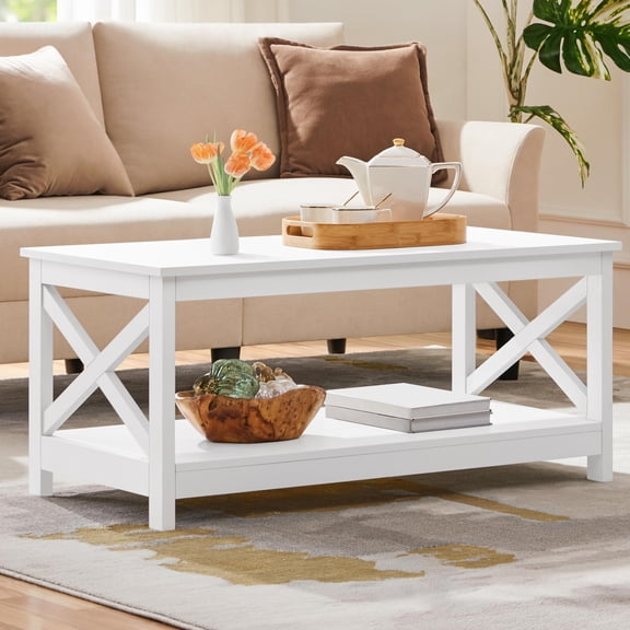 Wood 2-Tier Coffee Table, White Accent Cocktail Table with Storage Shelf, X Design Simple Home Furniture for Living Room, Bedroom, Office, 39.5 x 20 x 18 Inches, White