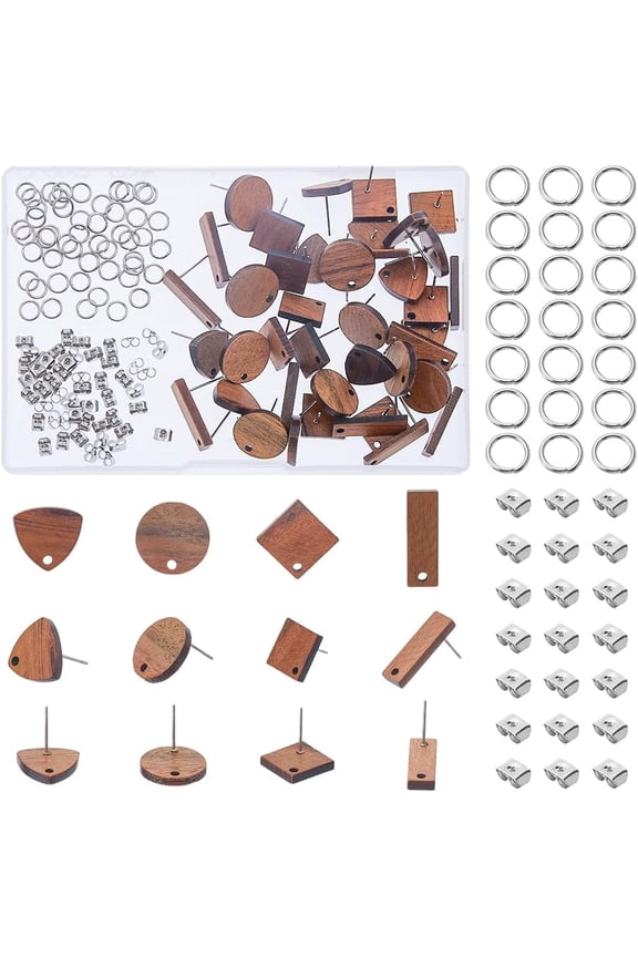 Wood 20 Pairs Wood Earrings Posts Stud Earring Findings Wood Earring Studs with Loop Flat Round Rhombus Triangle Rectangle Earring with 50Pcs Ear Nuts Jump Rings for DIY Earring Hole: 1-1.8mm Wood