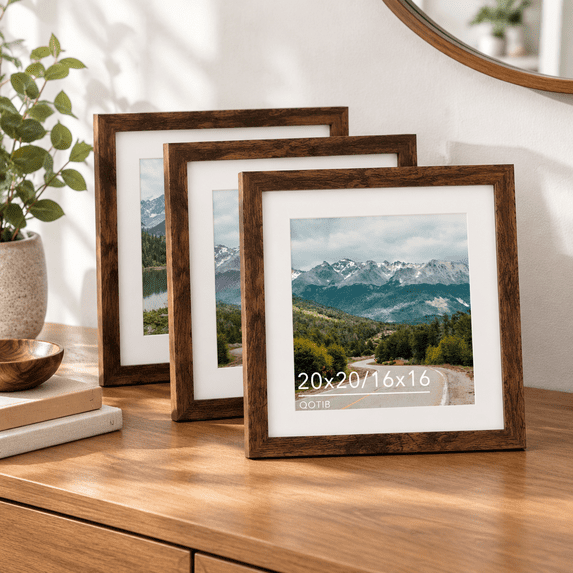Pictsur Wood 20x20 Picture Frame With 16x16 Mat Deep Brown Display Or Without ...