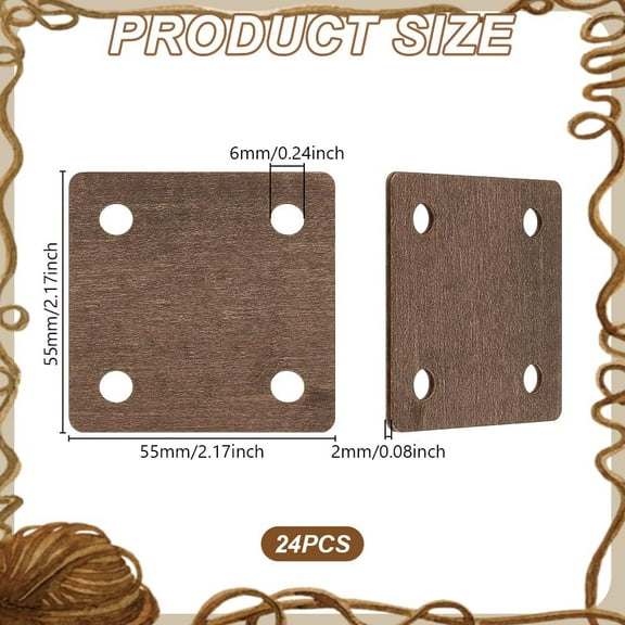 Wood 24Pcs Weaving Cards 2.17x2.17Inch 4 Holes Square Loom Cards Wood Tablet Weaving Cards Handmade Weaving Tool Weaving Supplies for Knitting Loom or Inkle Loom Accessories Coconut Brown