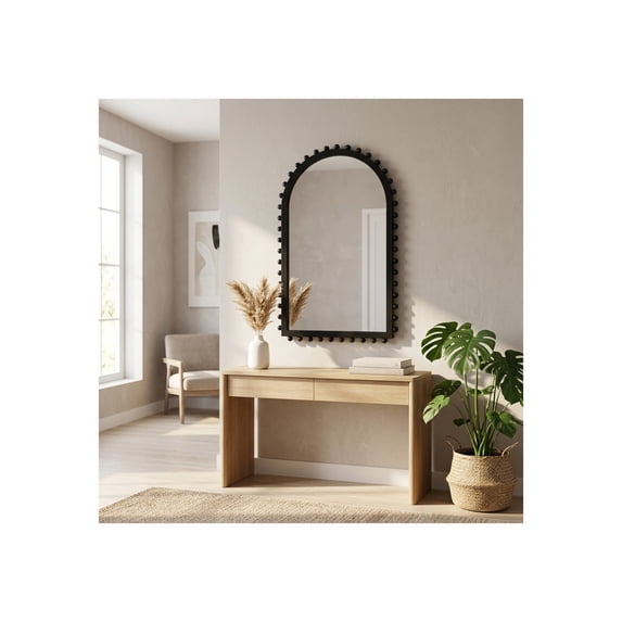 Arched Wall Mirror with Decorative Framed Design for Bedroom Decor - Boho Wooden Framed Mirror for Dorm, Bathroom, Or Office - Decorative Accent for Hallway, Entryway, and Living Room - 39", Black
