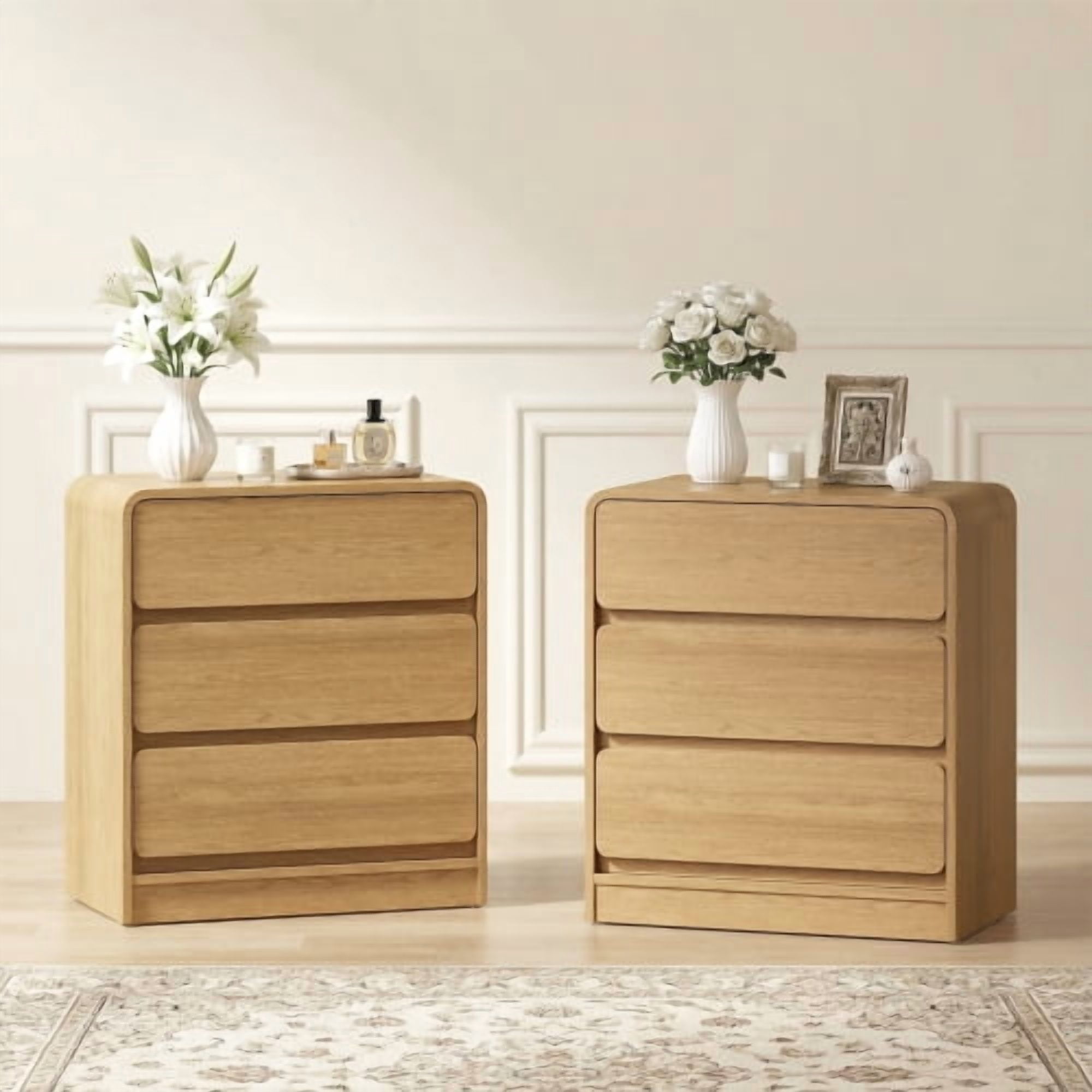 Wood 3-Drawer Nightstand Set of 2, Modern Multi-Purpose Side Table with Anti-Tip Kit, Natural