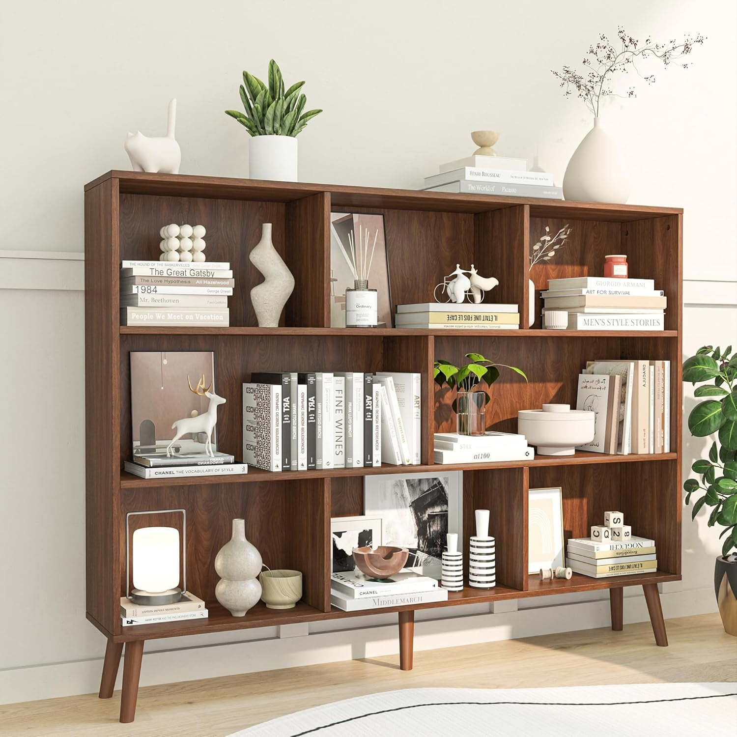 Wood 3 Tier 5 Cubes Free Standing Bookshelf with Legs Display Bookcase ...