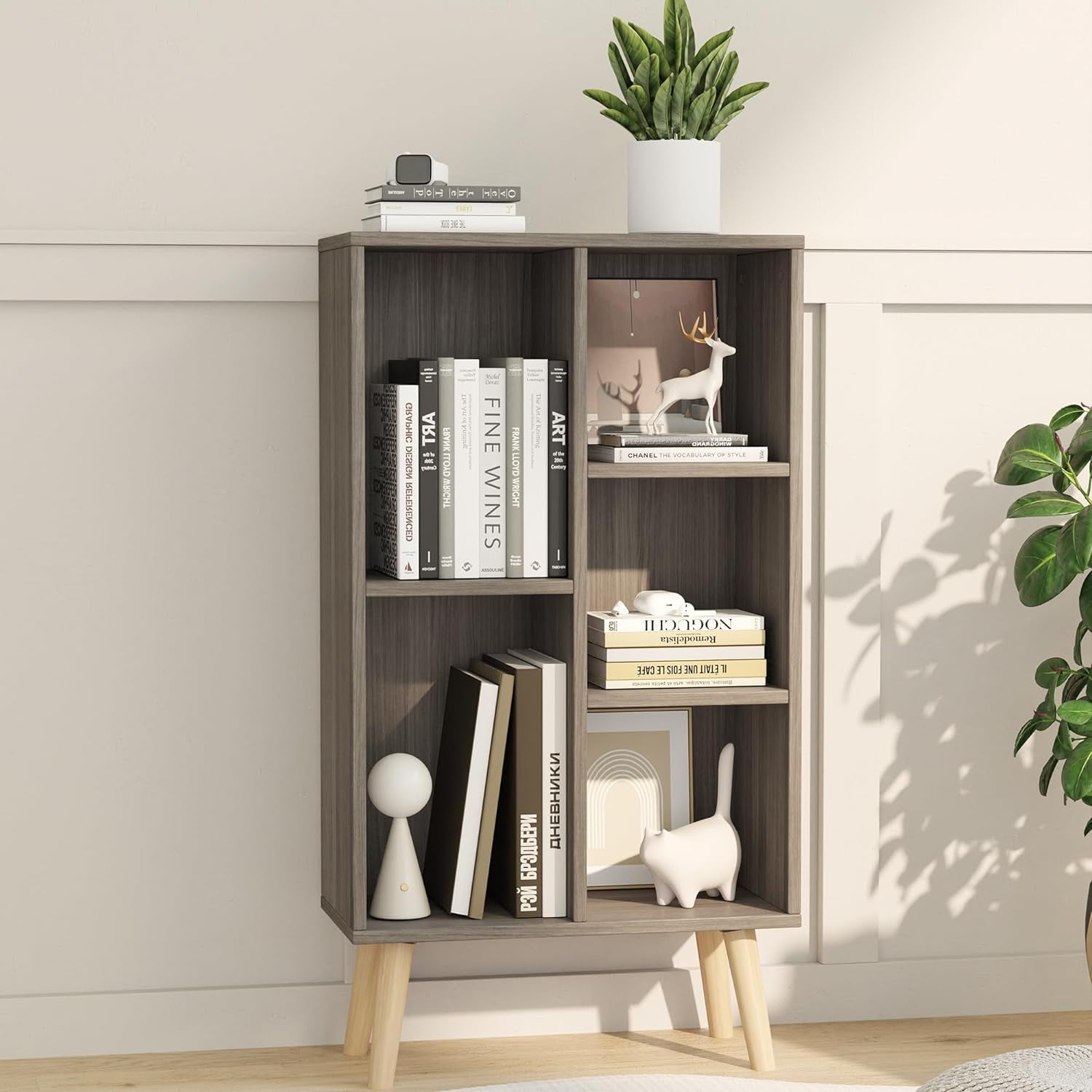Wood 3 Tier Storage Shelf 8 Cubes Free Standing Bookshelf with Legs