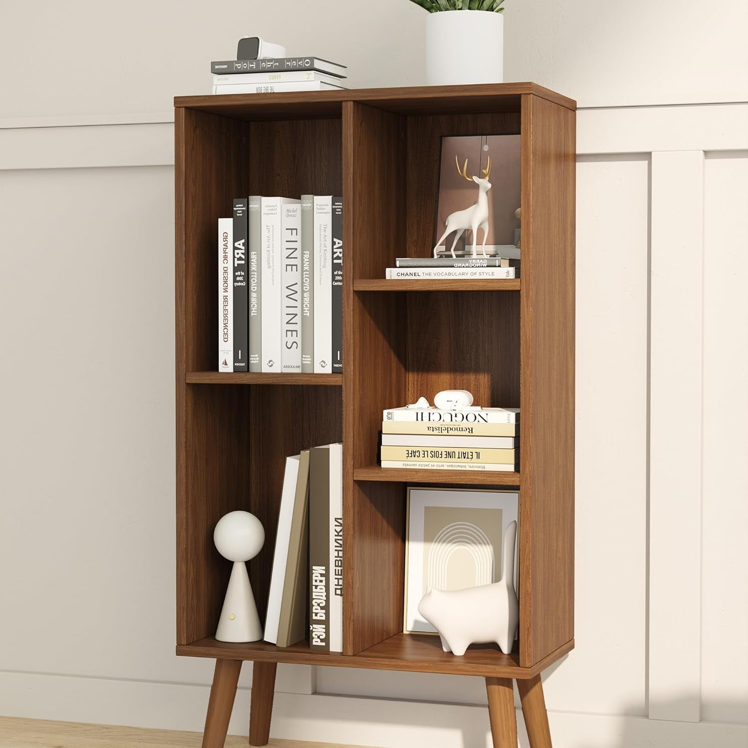 Wood 3 Tier Storage Shelf 8 Cubes Free Standing Bookshelf with Legs