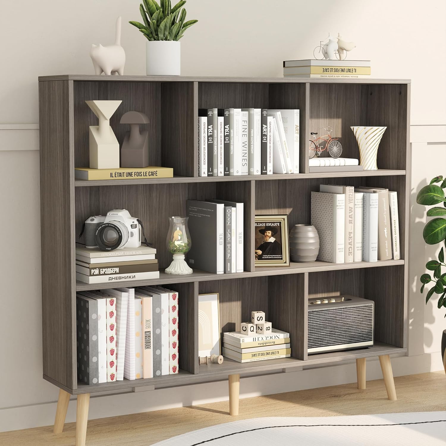 Wood 3 Tier Storage Shelf 8 Cubes Free Standing Bookshelf with Legs
