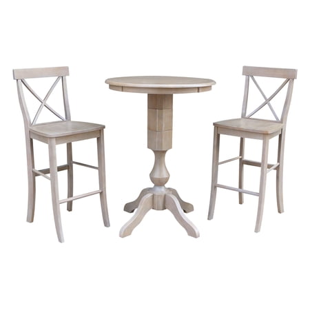 Wood 30" Round Bar Table and 2 X-back Stools in Washed Gray Taupe - Set of 3
