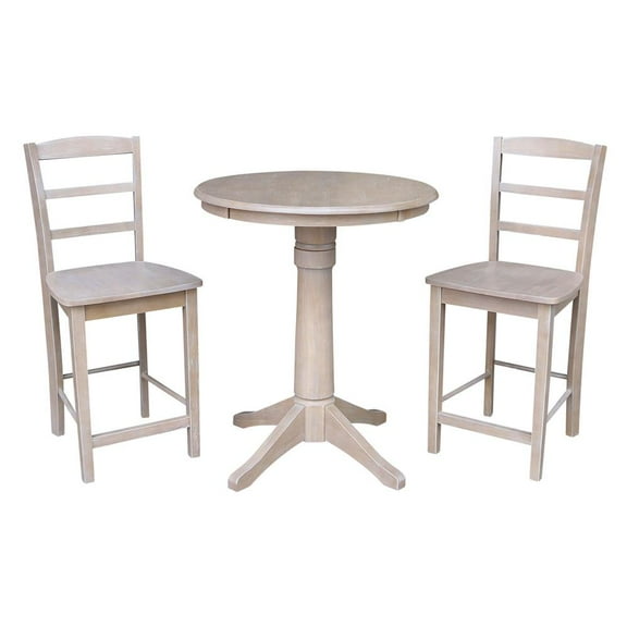 Wood 30" Round Counter Table and 2 Madrid Stools in Washed Gray Taupe - Set of 3