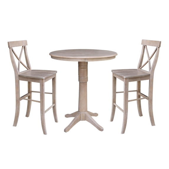 Wood 36" Round Bar Table and 2 X-back Stools in Washed Gray Taupe - Set of 3
