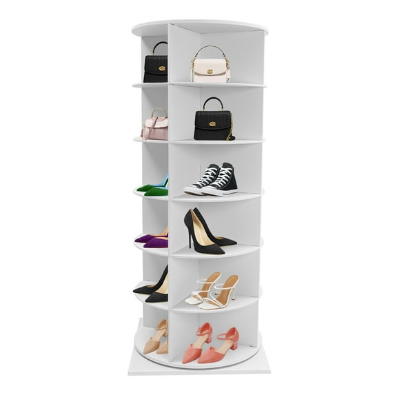 Wood 360° Rotating Shoe Rack Cabinet Free Standing Shoe Organizer 6-Tier 24 Pairs White