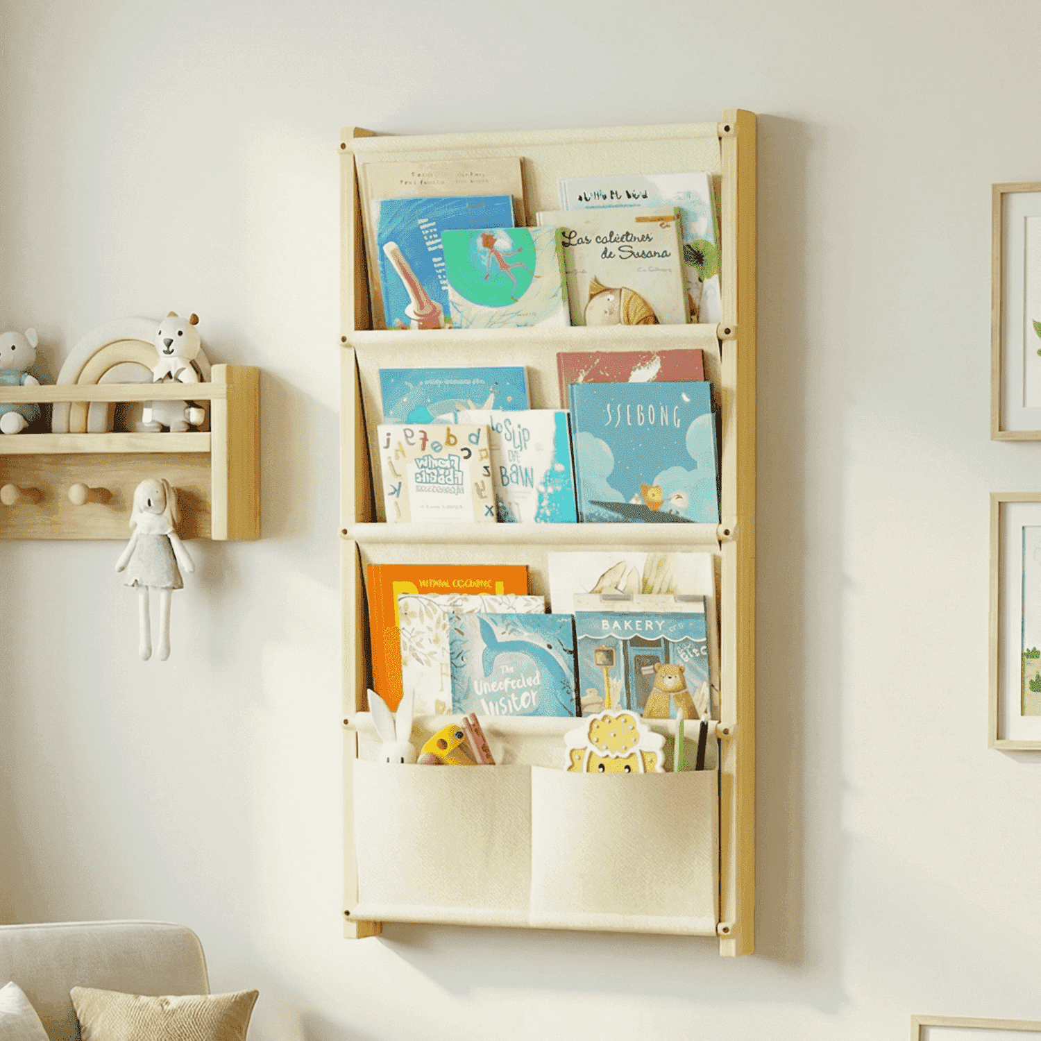 Wood 4-Tier Wall Mounted Kids Bookshelf – Floating Book Shelf for Kids Rooms, Nursery & Classroom, Hanging Bookcase Organizer for Books, Toddler Book Shelf, Montessori Bookshelf, Nursery Shelves