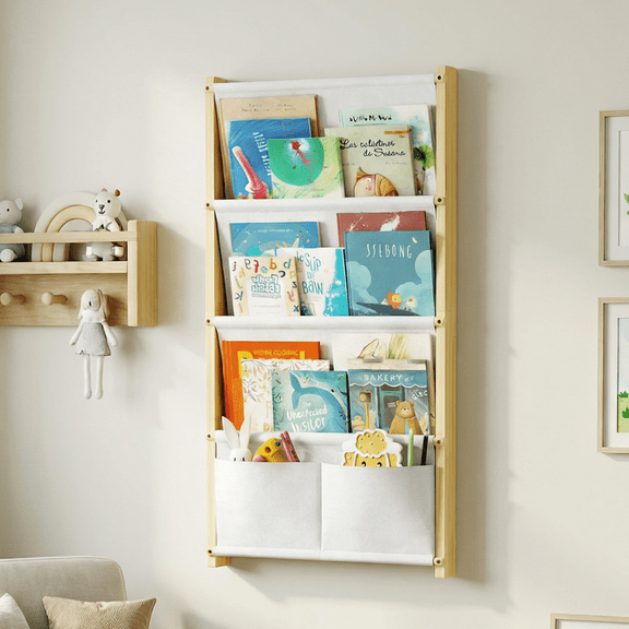 Wood 4-Tier Wall Mounted Kids Bookshelf – Floating Book Shelf For Kids Rooms,Nursery & Classroom, Hanging Bookcase Organizer For Books, Toddler Book Shelf, Montessori Bookshelf, Nursery Shelves