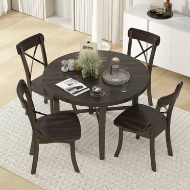 Dining Table Set for 4, Kitchen Dining Room Round Table and 4 Chairs with X-Shaped Backrest, Farmhouse Wood 5-Piece Dining Set for Kitchen, Dining Room