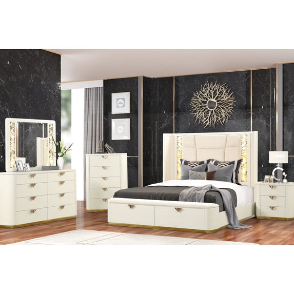 Wood 5-piece modern bedroom set with built-in lighting and practical storage for the bedroom
