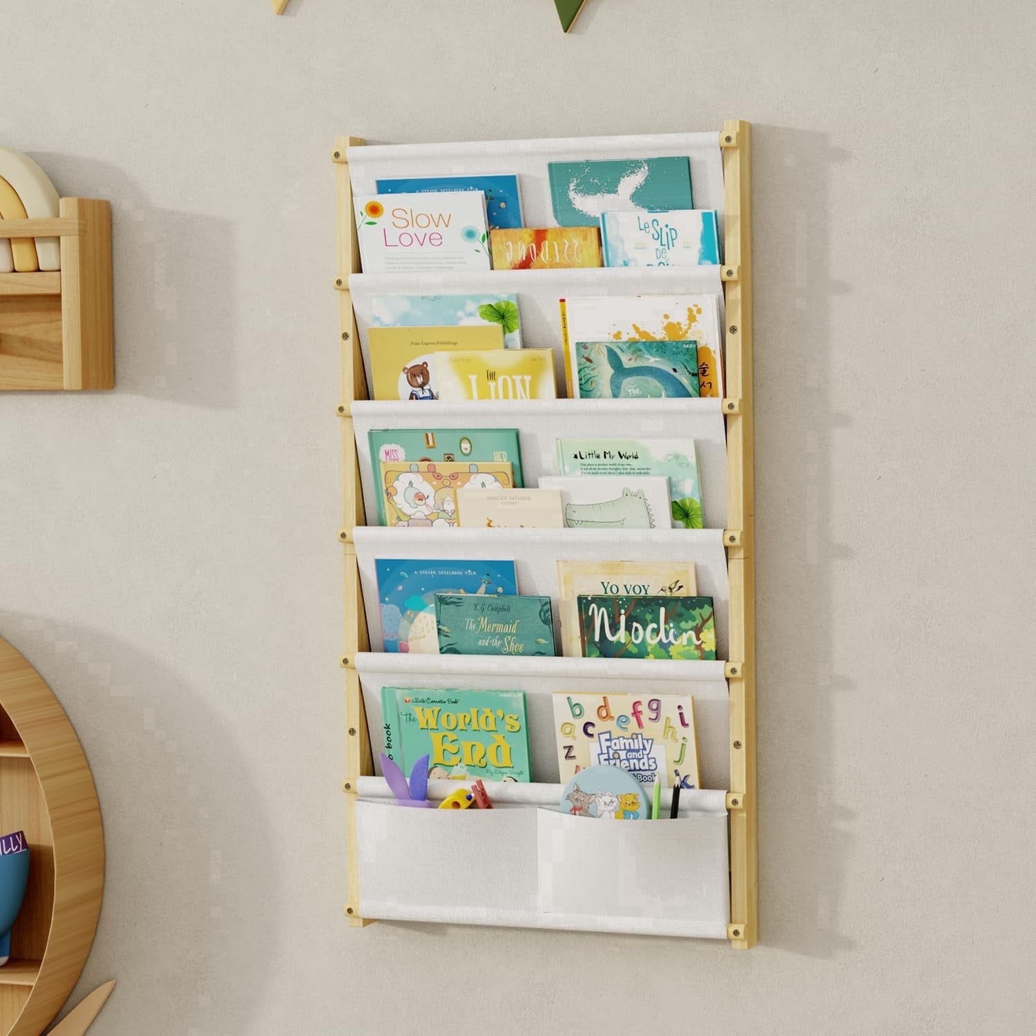 Wood 6-Tier Wall Mounted Kids Bookshelf – Montessori Floating Book Shelf For Kids Rooms, Classroom, Hanging Bookcase Organizer For Books, Toddler Book Shelf, Nursery Shelves (Small)