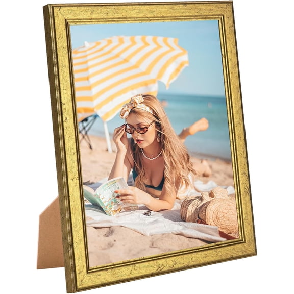 Wood 7x8 Frame Gold, Ornate Natural Wooden 8x7in Picture Frames, Modern Golden 7 x 8inch Gallery Photo Pic Frame with HD Plexiglass, Horizontal Vertical Wall Mounting Tabletop Display 1Pcs
