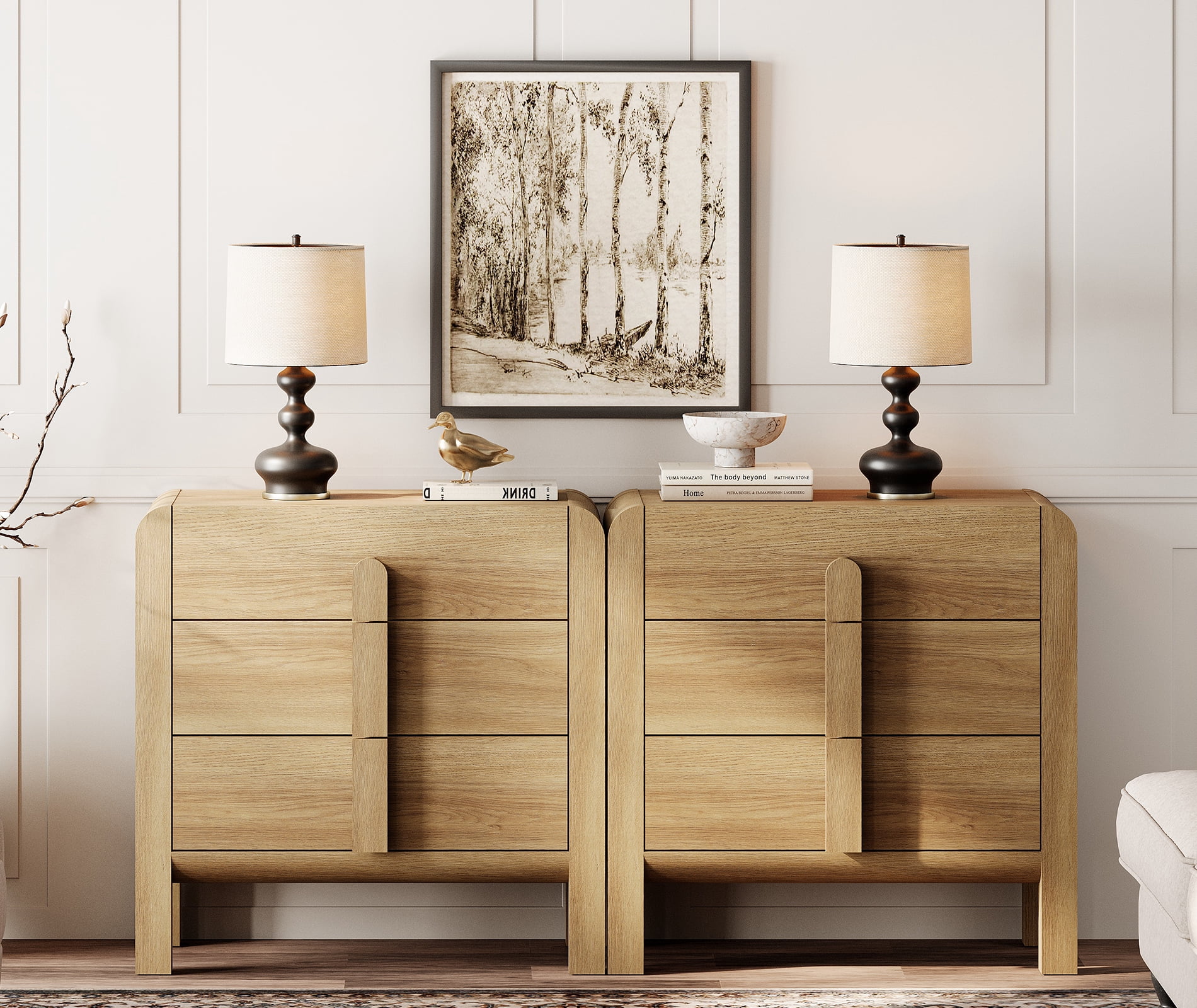 Wood Accent Cabinet Set of 2 with Drawers, 63" Modern Credenza Storage Cabinet with Curved Profile Design for Living Room, Kitchen, Dining Room, Hallway