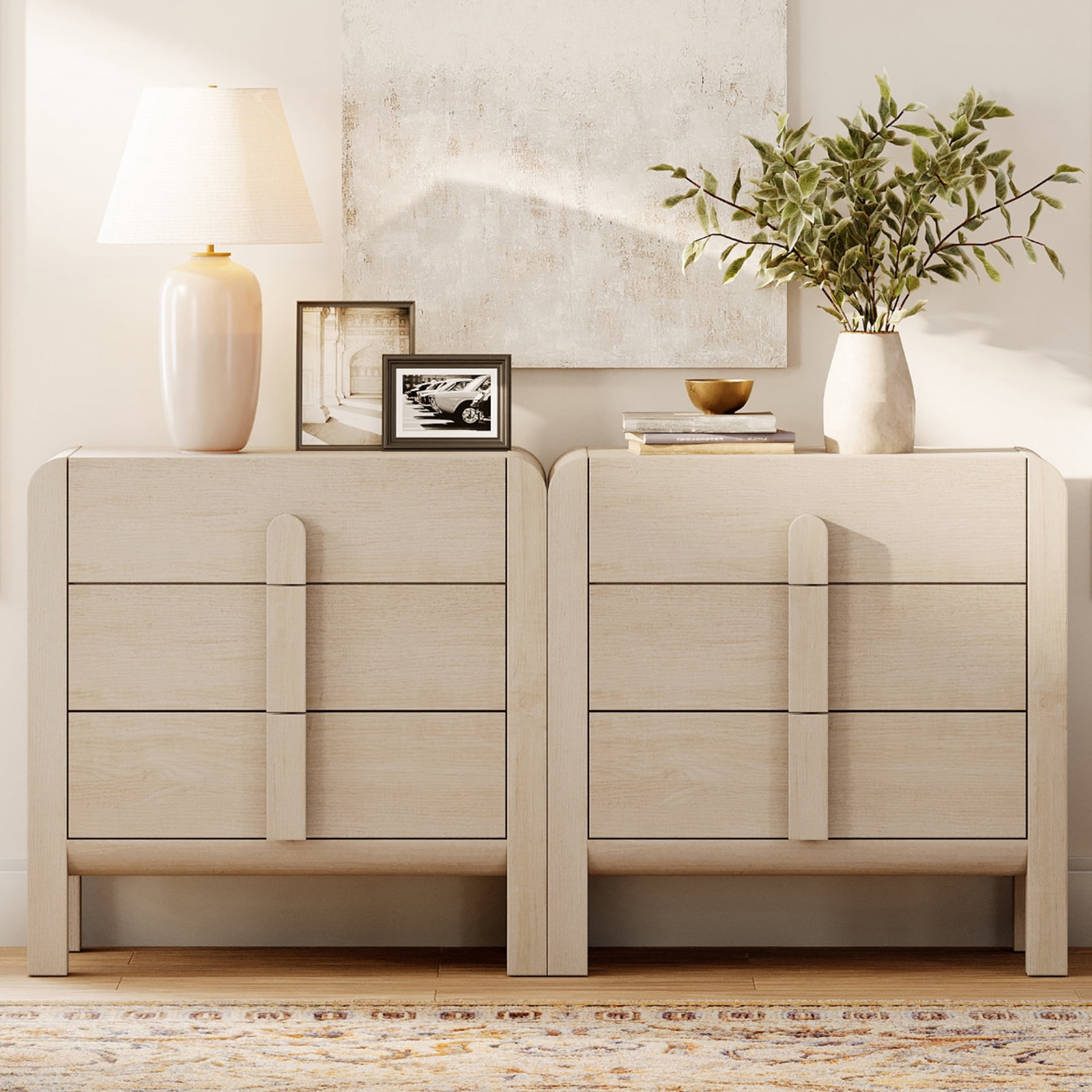 Wood Accent Cabinet Set of 2 with Drawers, 63" Modern Credenza Storage Cabinet with Curved Profile Design for Living Room, Kitchen, Dining Room, Hallway