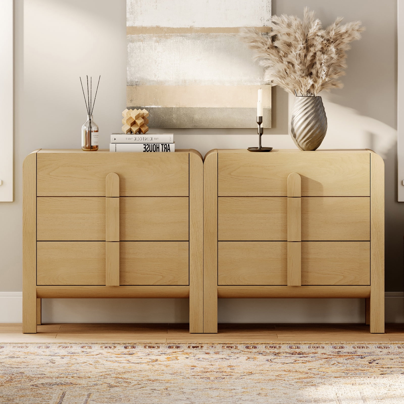 Wood Accent Cabinet Set of 2 with Drawers, 63" Modern Credenza Storage Cabinet with Curved Profile Design for Living Room, Kitchen, Dining Room, Hallway