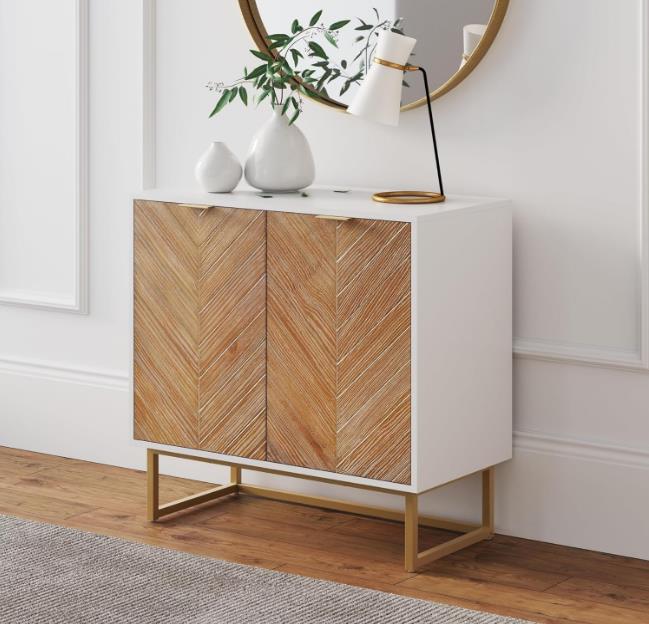 Enloe Modern Rustic Storage Cabinet with Herringbone Wood Doors and Gold Base